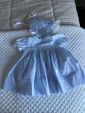 Feltman Brothers Light Blue Smocked Baby Dress with Matching Bonnet